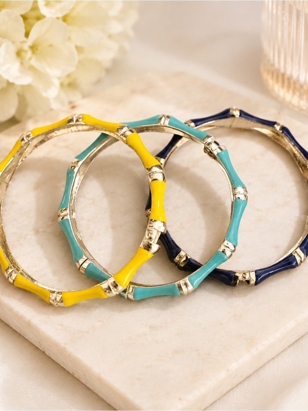 Sequin by Nordstrom Gold Tone Enamel Bamboo Hinge Bangle Bracelet Set of 3